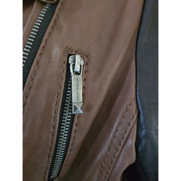 Michael Kors Womens Brown & Black Leather Moto Jacket Zipper Accents biker - Picture 6 of 11